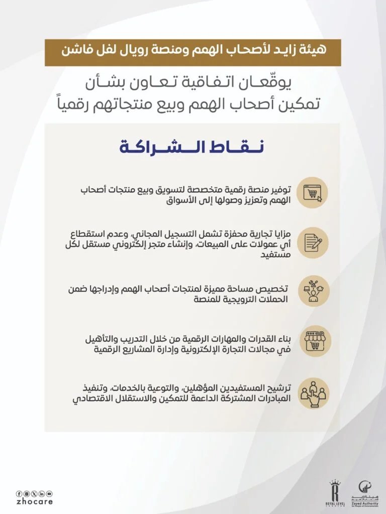 تعاون بين “هيئة زايد” و”رويال ليفل فاشن” لتمكين أصحاب الهمم اقتصادياً