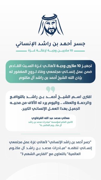 تجهيز 10 ملايين وجبة لأهالي غزة السبت القادم ضمن عمل إنساني مجتمعي وفاءً لروح المغفور له بإذن الله الشيخ أحمد بن راشد آل مكتوم